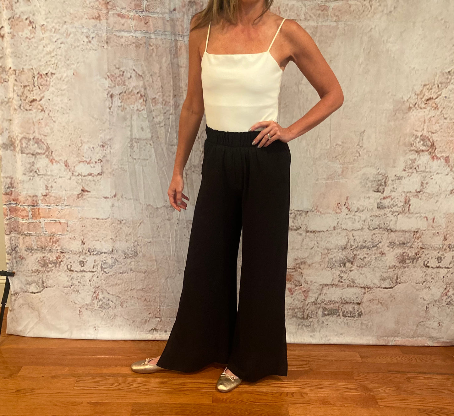 Textured Solid Side Slit Wide Leg Pants