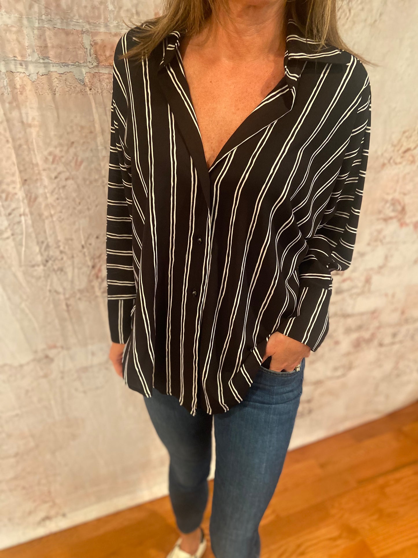 Duo Stripe Button Dolman Shirt
