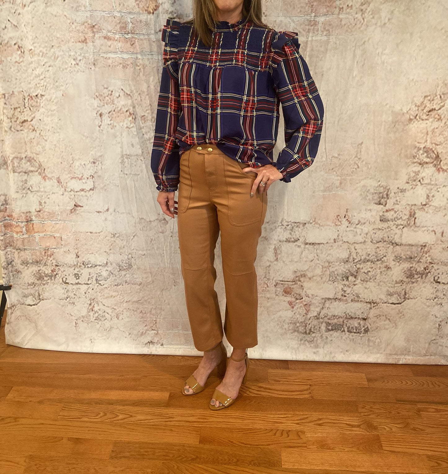 Plaid mock neck blouse