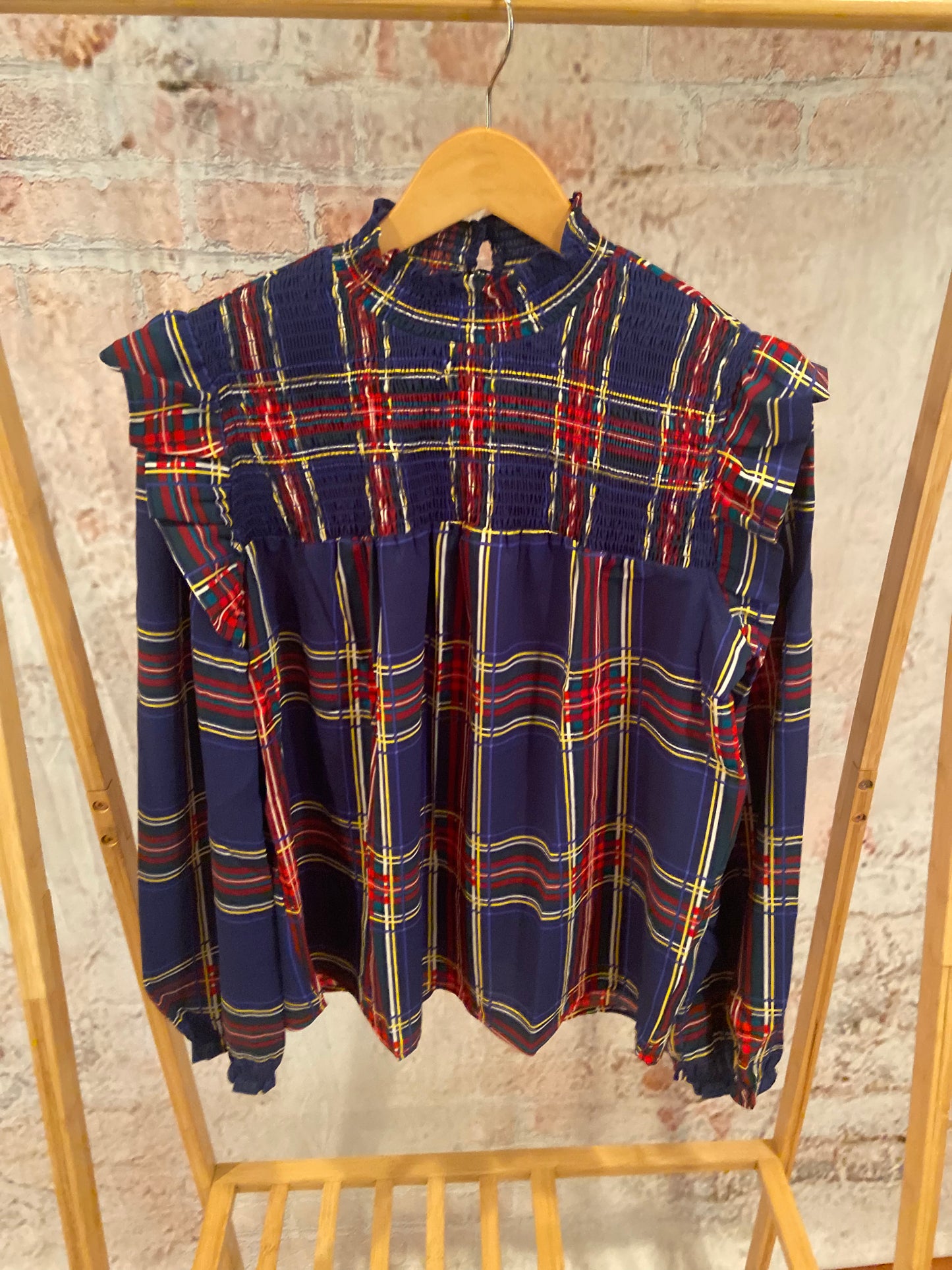 Plaid mock neck blouse