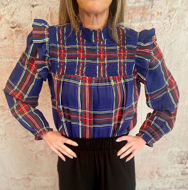 Plaid mock neck blouse