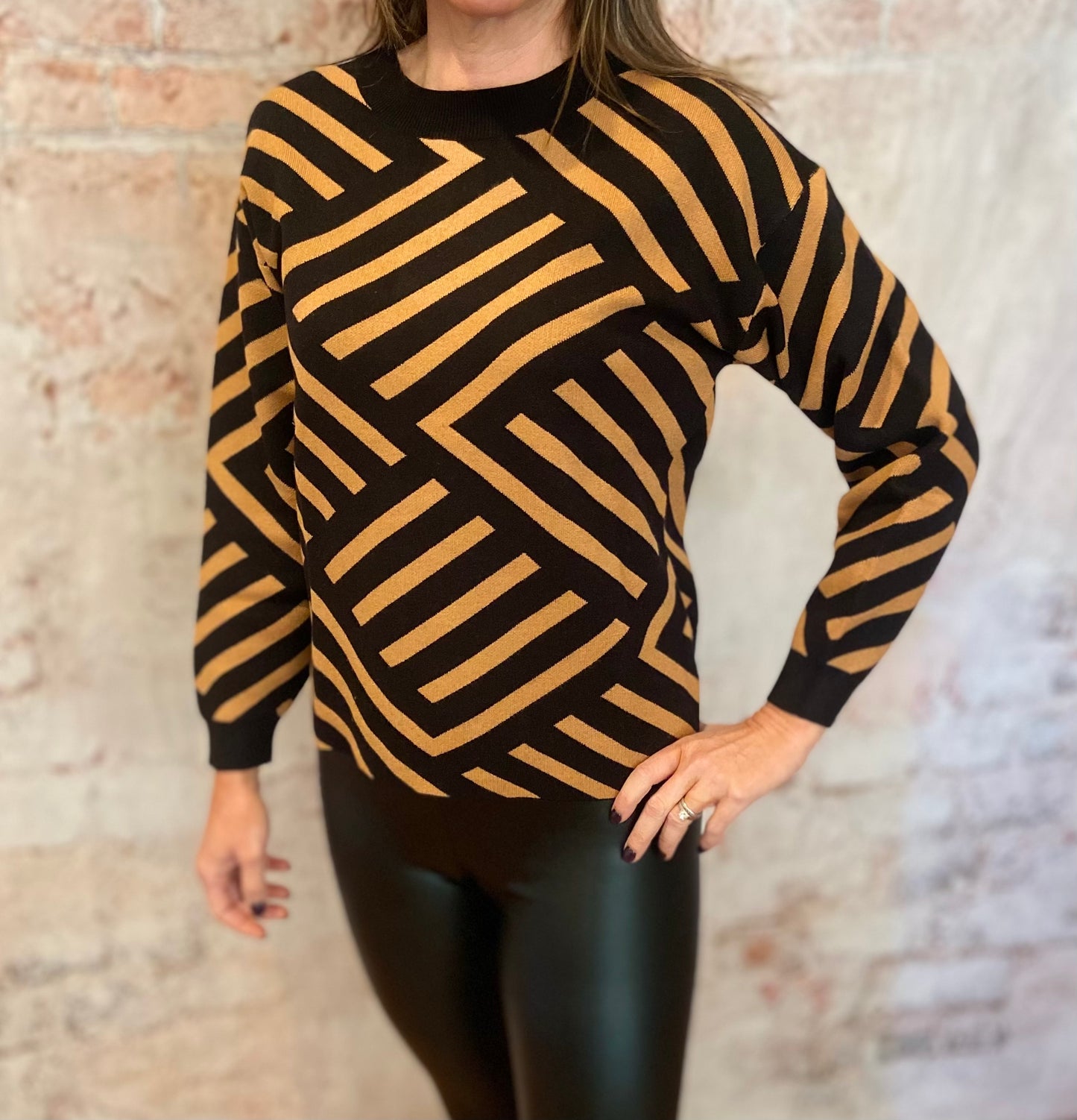 Black and Gold Pattern Crew Neck Sweater