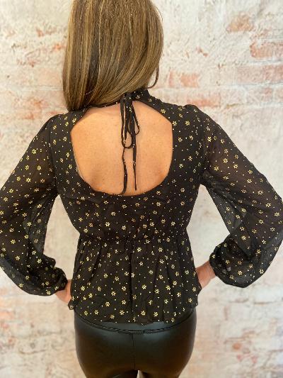 Gold Floral Back Cutout Peplum Top